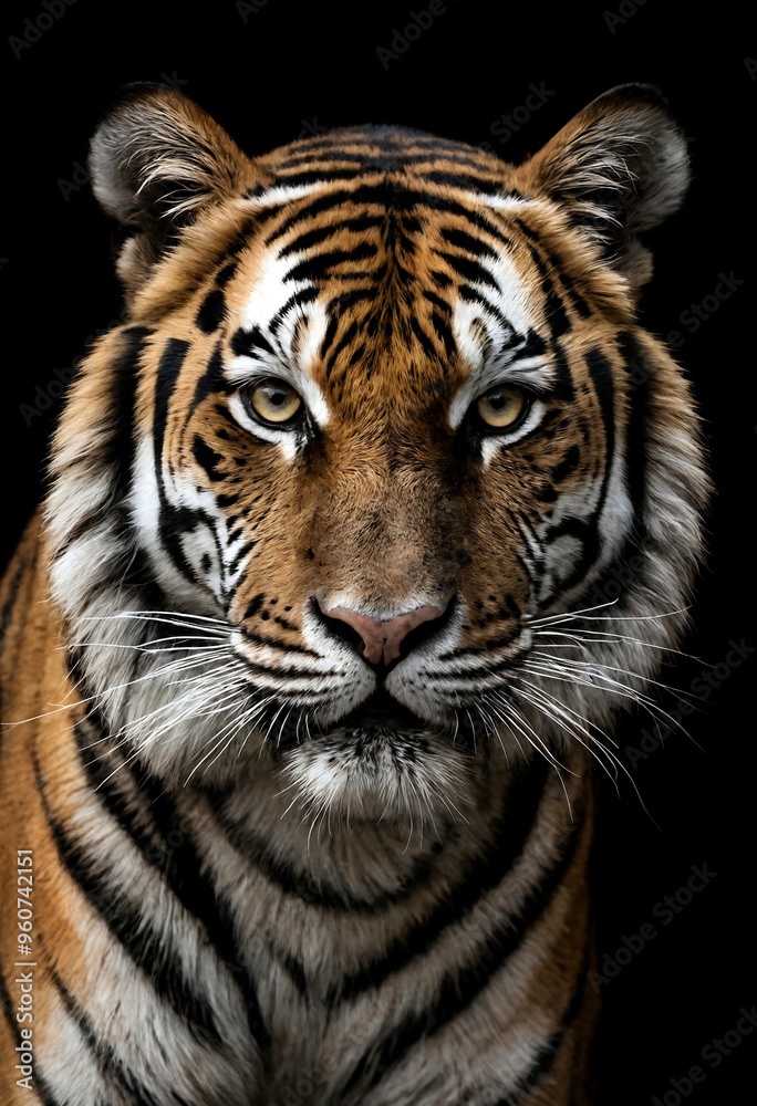 Vertical close-up portrait of a Bengal tiger againist black background. Vertical close-up portrait of a Bengal tiger againist black background.