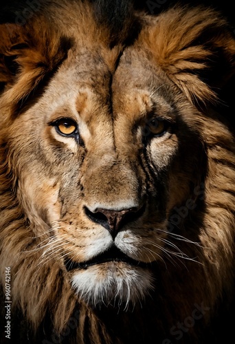 Vertical close-up portrait of a lion againist black background. photo