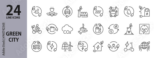 Green City line icons set with Ecologic, Solar Panels, Green Energy, Friendly Town, Fuel, Bicycle and more. Editable Stroke