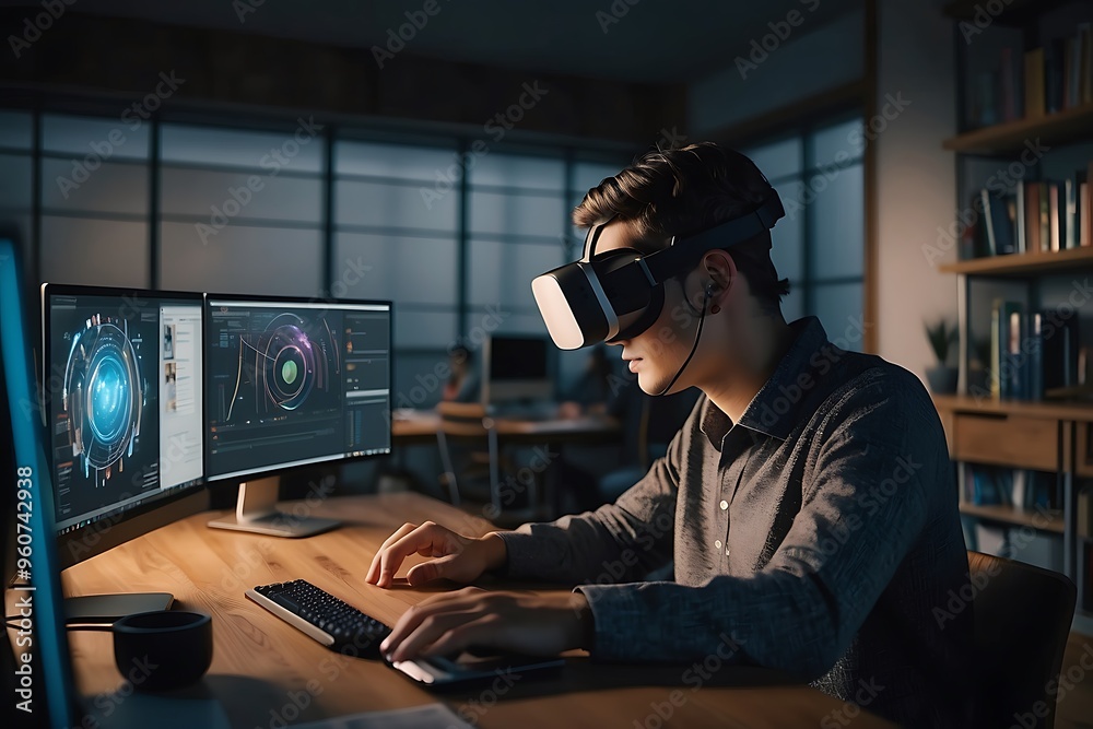 Man with VR headset working at computer, viewing statistics, futuristic technology Man with VR headset working at computer, viewing statistics, futuristic technology
