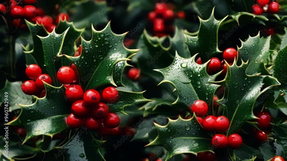 Close up of a holly tree branch with vibrant red berries and glossy green leaves, adorned with glistening water droplets, evoking a sense of winter freshness