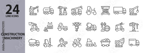 Construction Machinery line icons set with Bulldozer, Crane, Sign, Loader, Excavator, Vehicle and more. Editable Stroke