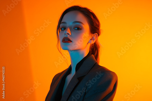 Modern Dark Gray Suit with Solid Neon Orange Stylish Womans Lifestyle Portrait Background