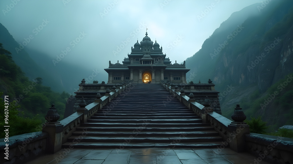 Obraz premium Majestic Temple Staircase Amidst Misty Mountains