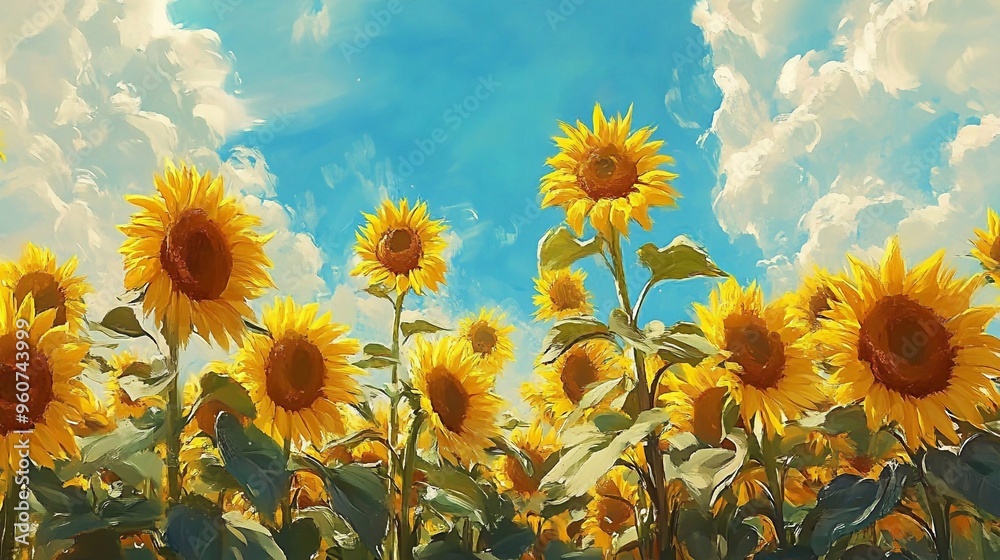 Obraz premium full of sunflowers with very different appearances, sunny blue sky, cheerful
