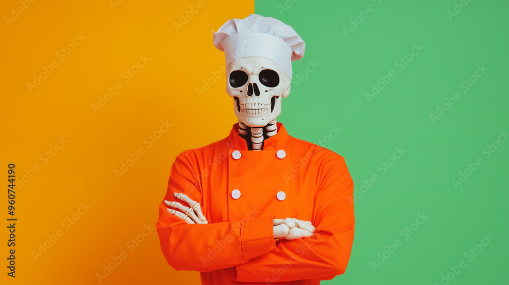 Chef skeleton poses in orange and white outfit against colorful background Chef skeleton poses in orange and white outfit against colorful background
