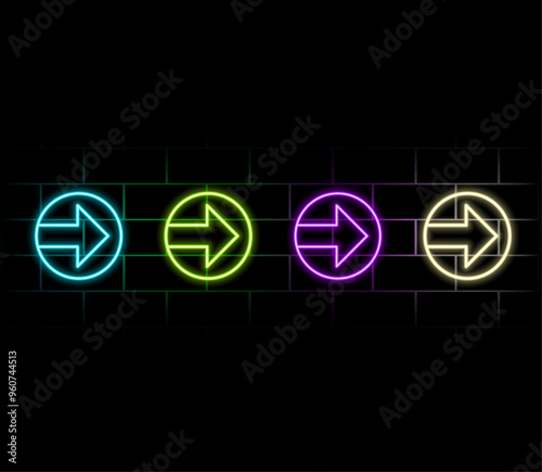 Abstract background with flashing neon lights of green blue pink violet colors glowing in arrowhead lines pattern on shiny reflecting stage