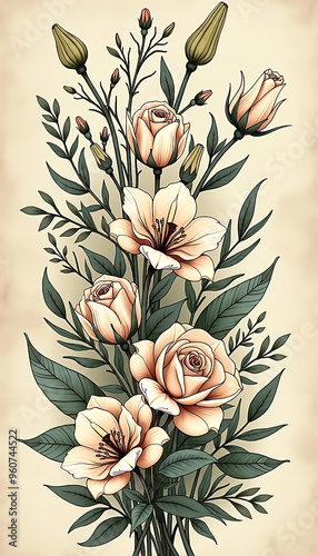 Floral and Botanical: Vintage Hand-Drawn Botanical Design with Roses, Ivy, and Lilies photo