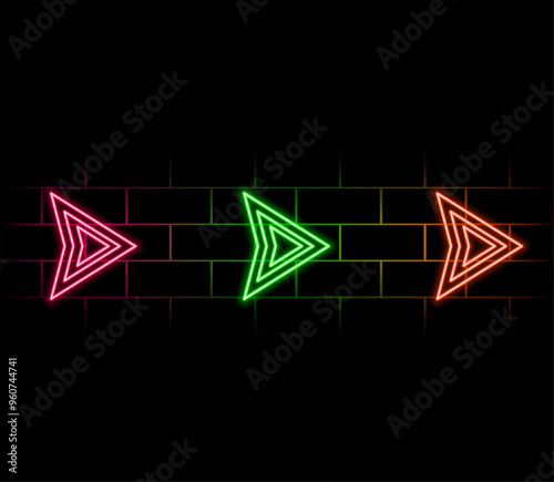 Neon green arrow icon. neon light right arrows. shining direction arrows. Glowing neon arrow sign on black background. Location indicator for casino, bar, cinema, night club.