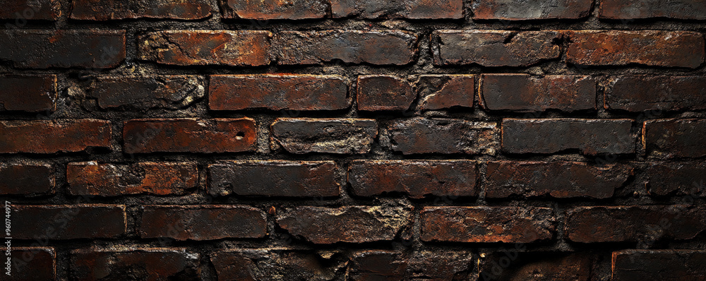 Obraz premium A close-up of a weathered, dark brown brick wall with rough textures and chipped surfaces, set in a rustic, outdoor setting.