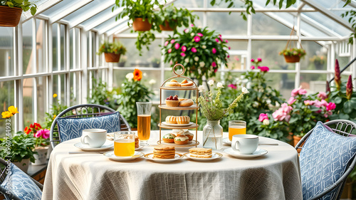 Illustration of an elegant afternoon tea set on a table inside a greenhouse. Surrounded by lush plants and natural light, refreshing atmosphere with delicate tea cups, pastries.Generative AI
 photo