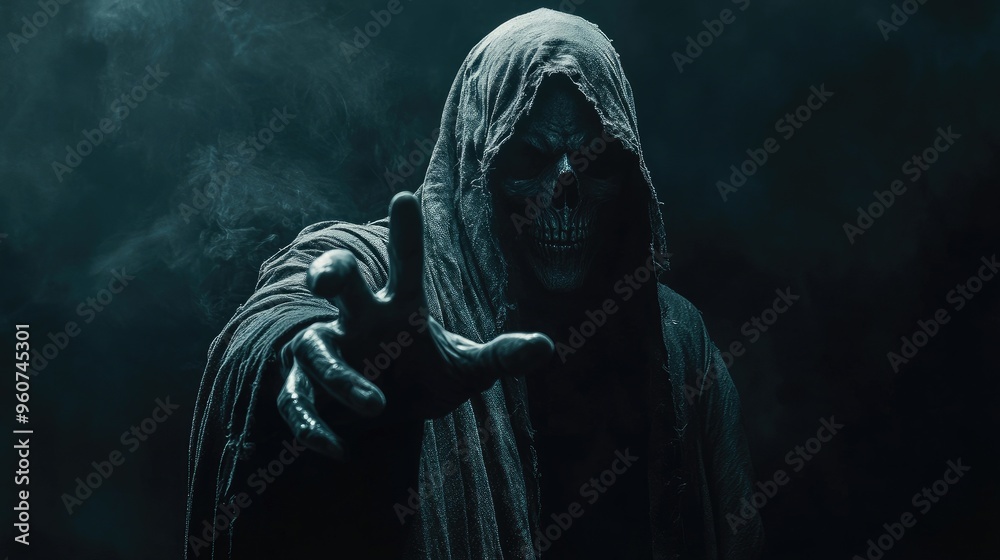 Grim reaper reaching towards the camera over dark background with copy space Grim reaper reaching towards the camera over dark background with copy space