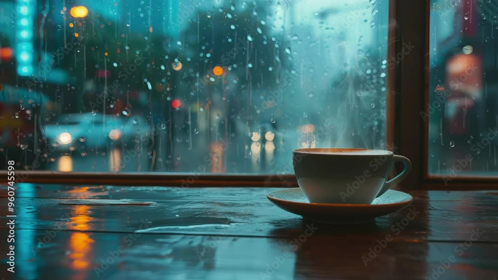 A lofi view of hot Cup of coffee on Table against city street view from window in Rain - Loop Music Video Wallpaper Template