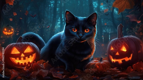 Halloween banner with tradition symbols Black cat illustration