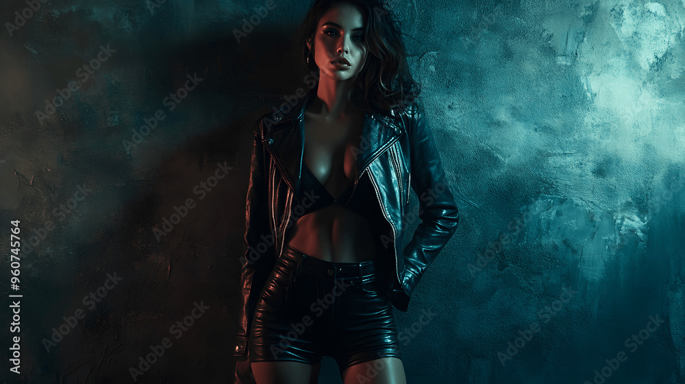 Obraz premium Young woman in leather jacket and mini skirt against dark backdrop