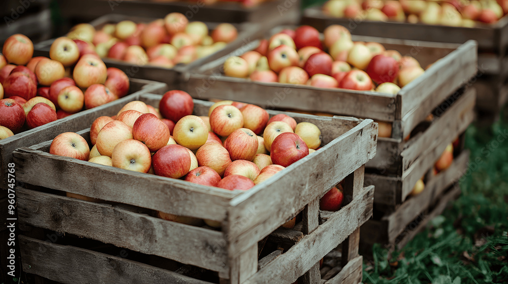 Wooden crates of freshly harvested apples in an orchard Wooden crates of freshly harvested apples in an orchard