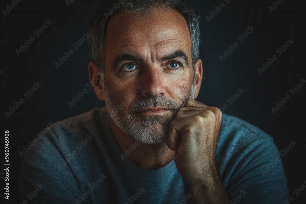 Fototapeta premium A man appears deep in thought, his serious demeanor illuminated softly, showcasing contemplation in a relaxed setting. Generative AI