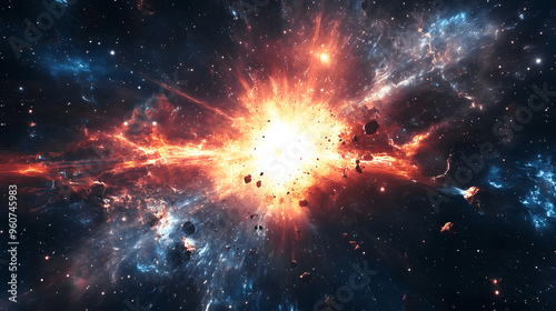 Supernova explosion in deep space with cosmic debris