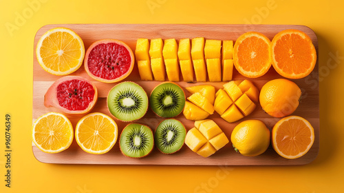 Set of tropical fruits sliced and arranged on wooden board photo