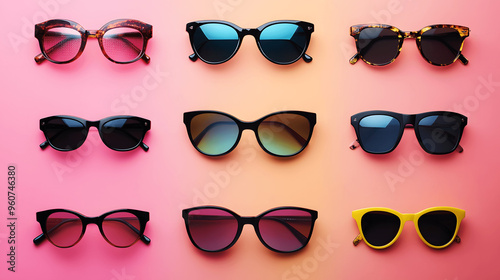 Set of sunglasses in a grid with various designs and lens colors