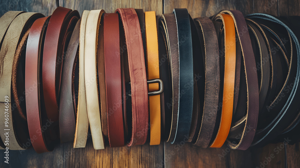 Set of leather belts arranged on wooden surface Set of leather belts arranged on wooden surface