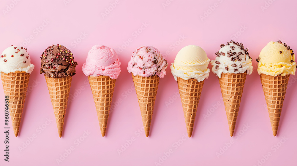 Set of ice cream cones with vibrant flavors arranged in a row Set of ice cream cones with vibrant flavors arranged in a row