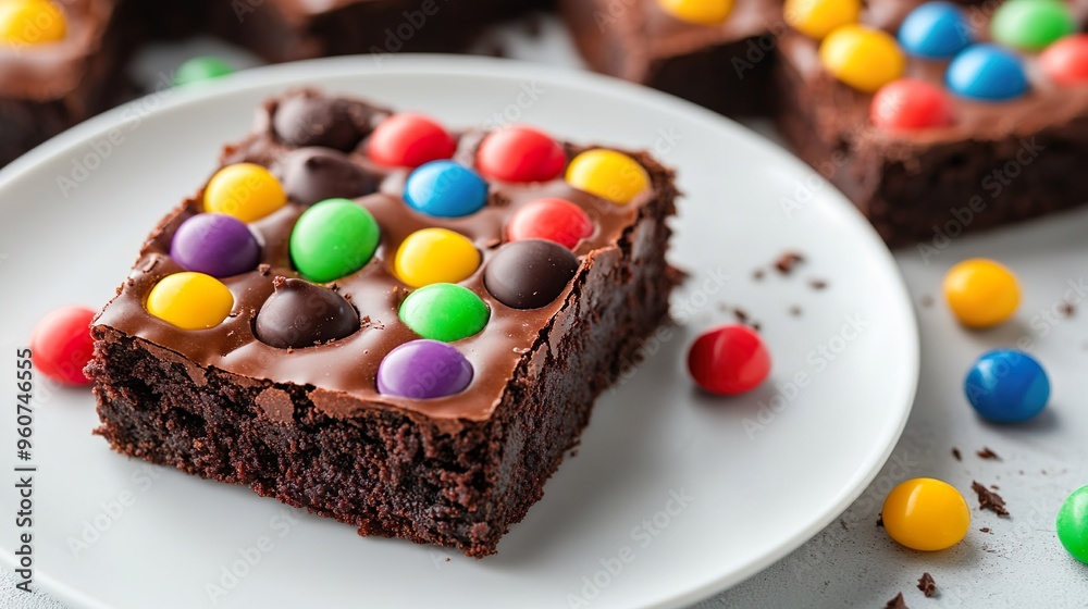 A chocolate brownie with colorful candy pieces on top A chocolate brownie with colorful candy pieces on top