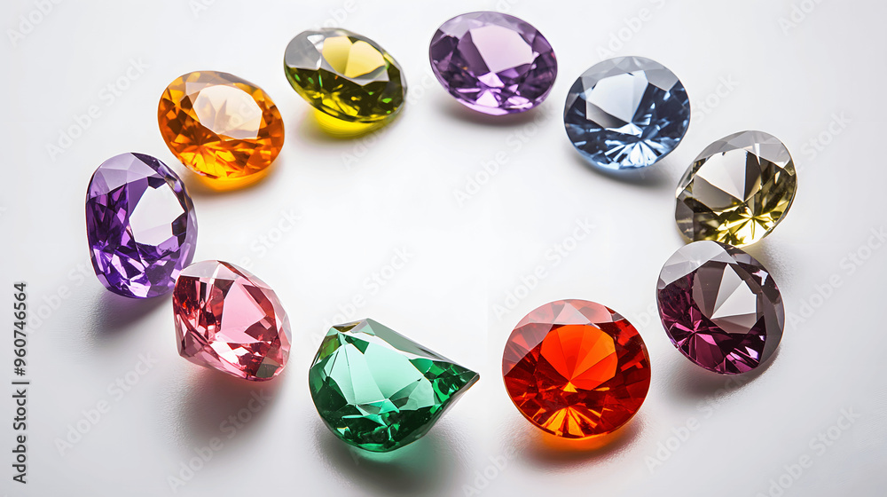 Set of colorful gemstones arranged in a circle on white surface Set of colorful gemstones arranged in a circle on white surface