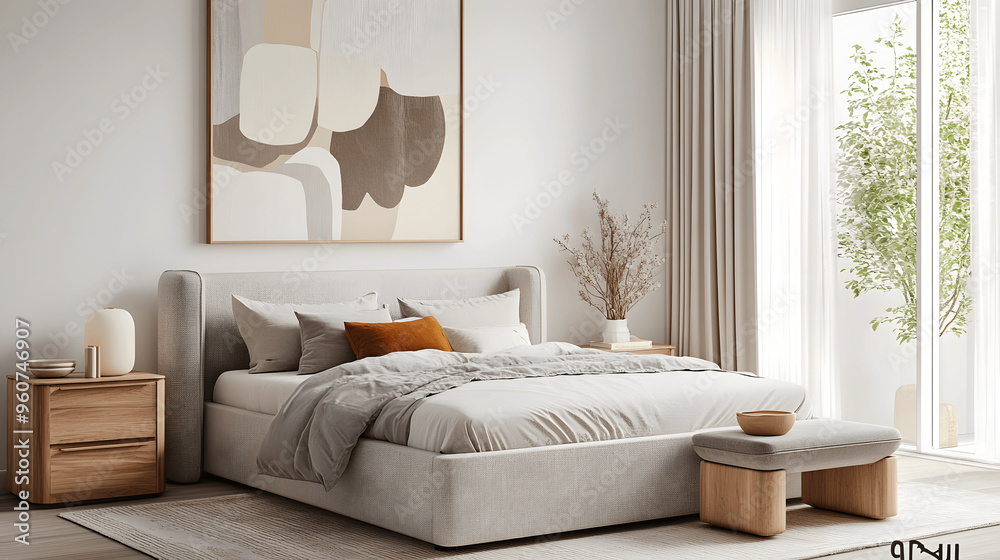 Scandinavian bedroom with light gray bed and wooden nightstand Scandinavian bedroom with light gray bed and wooden nightstand
