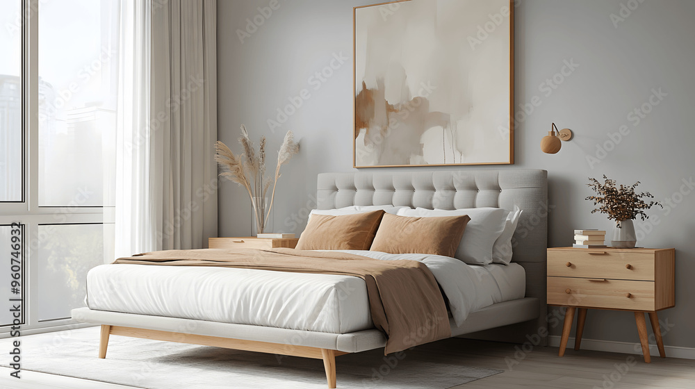 Scandinavian bedroom with light gray bed and wooden nightstand