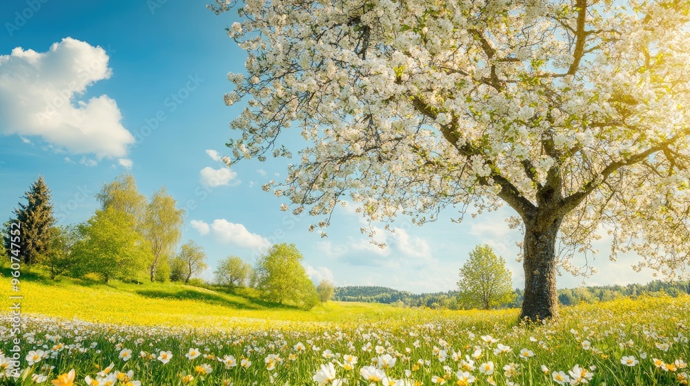 A vibrant spring landscape with blossoming trees and flowers under a clear, sunny sky. A vibrant spring landscape with blossoming trees and flowers under a clear, sunny sky.