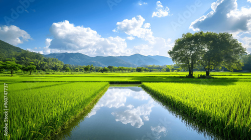 Lush green rice paddies with mountain backdrop and sky reflection