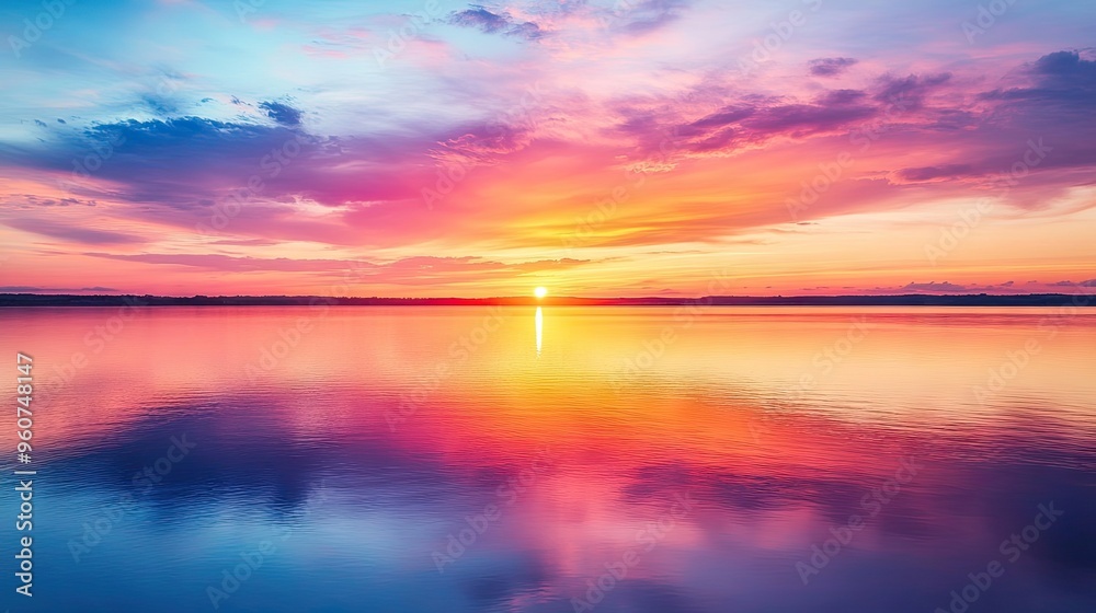 Fototapeta premium A vibrant sunset over a calm lake, with the water reflecting the colorful sky above.