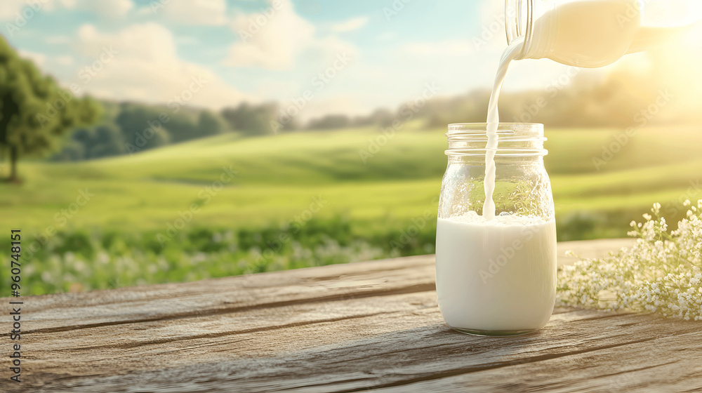 Fresh milk being poured into glass jar on rustic table Fresh milk being poured into glass jar on rustic table
