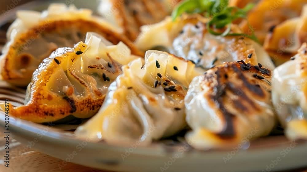 Sizzling hot gyoza dumplings, pan fried to perfection with aromatic sesame seeds, ready to be savored on a wooden table at a restaurant