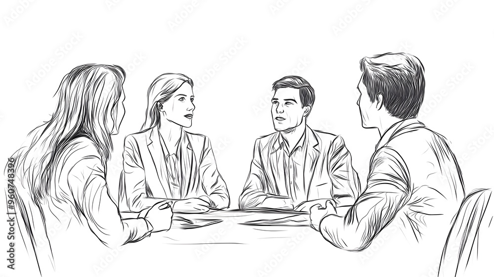A simple line drawing of five people sitting around a table, talking against a white background A simple line drawing of five people sitting around a table, talking against a white background