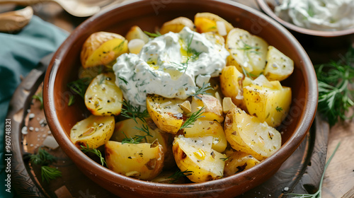 Greek Style Lemon Potatoes With Tzatziki. photo