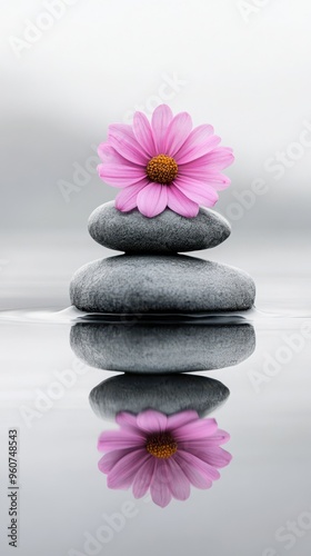 Pink Flower on Stones Reflecting in Water.