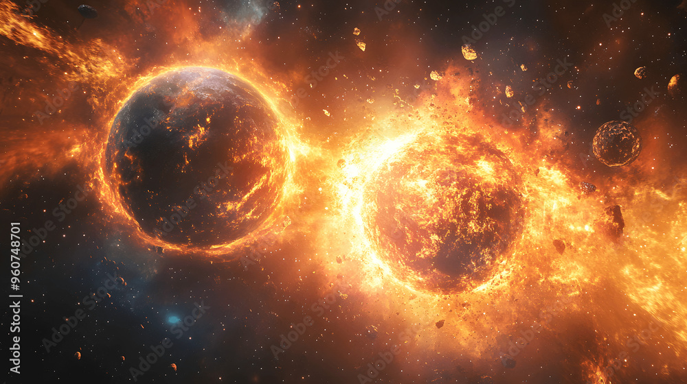 Two planets colliding in deep space with cosmic explosions Two planets colliding in deep space with cosmic explosions