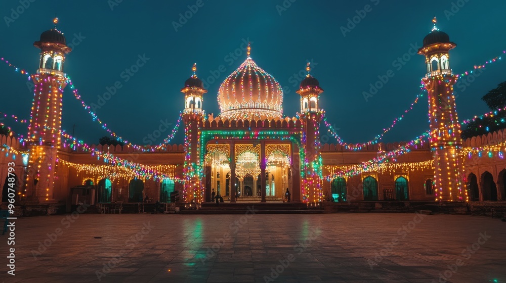 Obraz premium A wide shot of a mosque during a festive occasion, with colorful lights and decorations adorning the building.