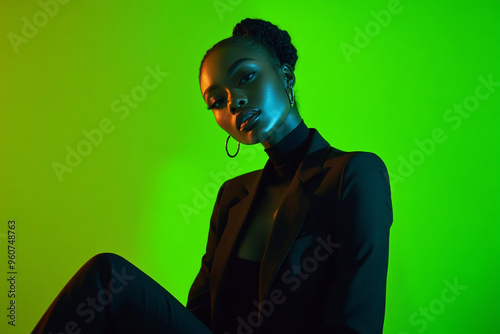 Chic Womans Charcoal Suit with Solid Neon Green High Energy Lifestyle Portrait Background