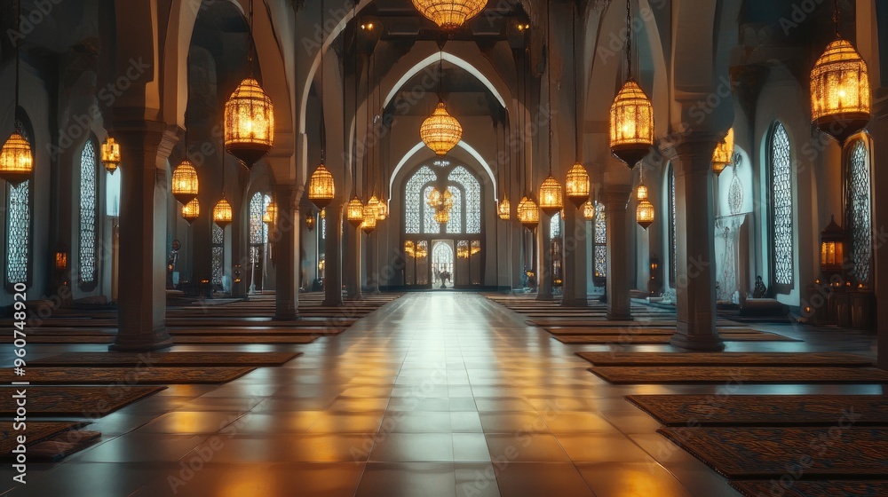 A wide-angle shot of a mosque's prayer hall, with rows of prayer mats and hanging lanterns. A wide-angle shot of a mosque's prayer hall, with rows of prayer mats and hanging lanterns.