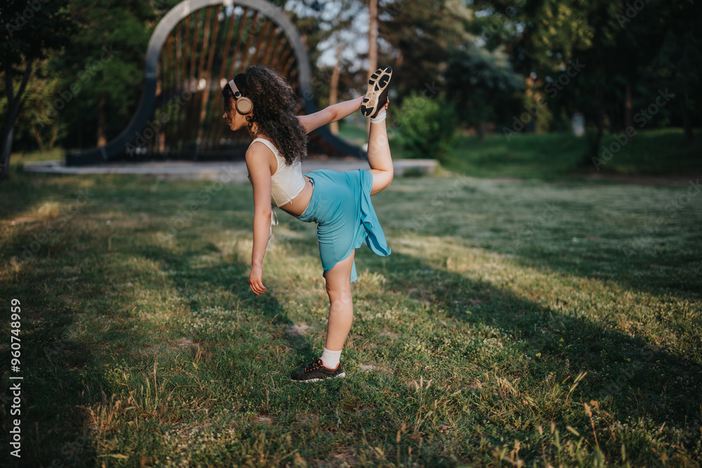 Fototapeta premium A young woman performing a warm-up stretch in a sunny park, preparing for dance. She wears headphones and a blue skirt, embodying focus and grace in a natural setting.