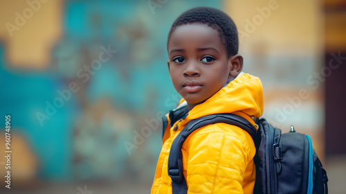 Niño con mochila de camino al colegio
 photo