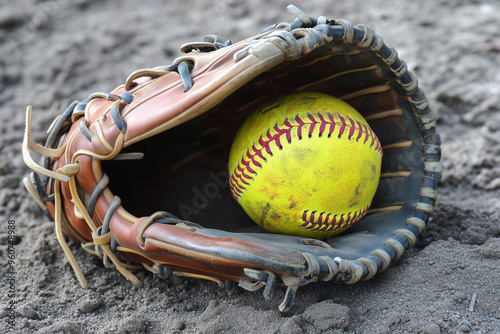 Caught in Action: Softball in Outfielder's Glove Captured photo