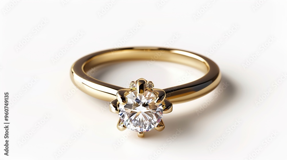 Realistic image of a gold solitaire engagement ring isolated on a white background, featuring a detailed clipping path for a clean and precise look. Realistic image of a gold solitaire engagement ring isolated on a white background, featuring a detailed clipping path for a clean and precise look.