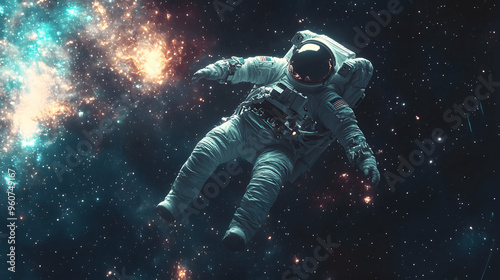 Astronaut floating in deep space with stars and galaxies