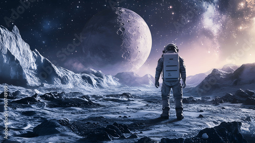 Astronaut exploring icy moon with frozen landscapes and stars