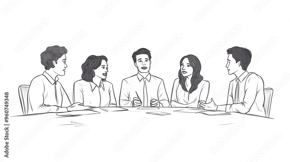 A simple line drawing of five people sitting around a table, talking against a white background A simple line drawing of five people sitting around a table, talking against a white background