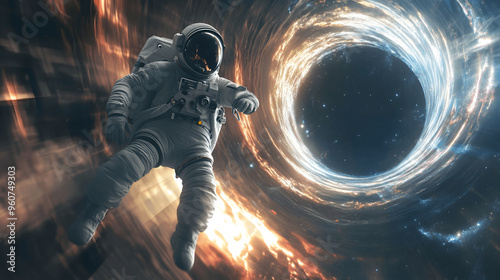 Astronaut floating near a black hole with light bending around